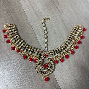 Bridal Kundan Maang Tikka Headpiece – Gold & Red Drops